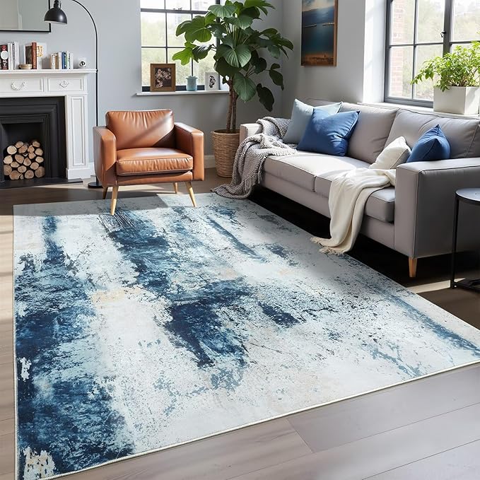 Washable Abstract Rug, 5x8 Modern Area Rugs with Non-Slip Rubber Backed for Living Room, Thin but Soft Contemporary Carpet Kitchen Bedroom Dining Room Decor, Blue White