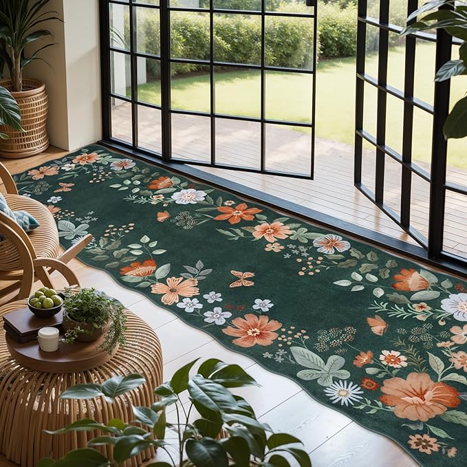 Lahome Floral Washable Runner Rug, 2'6''x8' Soft Hallway Runner Rug Non Slip, Boho Ultra-Thin Kitchen Runners for Hallways Carpet for Laundry Bedroom Bathroom(Dark Green)
