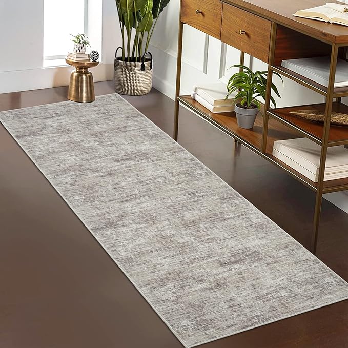 RUGSREAL Modern Runner Rug 2.5x8 Stain Resistant Washable Kitchen Runner Carpet ith Rubber Backing Low Pile Contemporary Solid Color Entryway Mat Ultra Soft Rug for Living Room Bedroom, Taupe