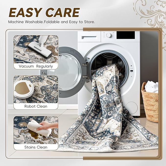 EnHomee 4x6 Washable Area Rugs for Bedroom, Boho Vintage Rugs, Foldable Area Rug for Dining Room, Non-Slip Soft Living Room Rug, Low Pile Large Carpet for Bathroom, Blue and Brown
