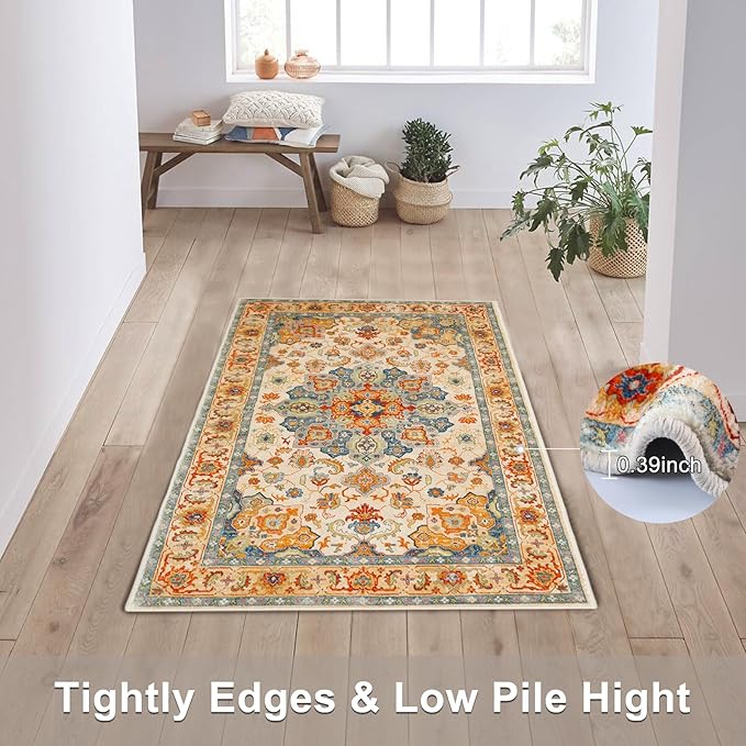 COMSLE Boho Area Rug, 2 x 3 Ft Washable Small Rugs for Entryway Faux Wool Distressed Non-Slip Floor Carpet Indoor Door Mat for Bedroom Kitchen Living Room
