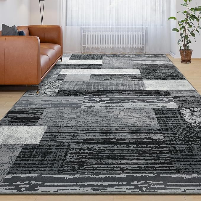 Large Area Rugs,Modern Geometric Patchwork Floor Decor for Bedroom Aesthetic Carpet, Rockwood Collection, Indoor Rugs for Living Room, Dining Room, Nursery, Office, Machine Washable Rug,4x6 Ft Grey