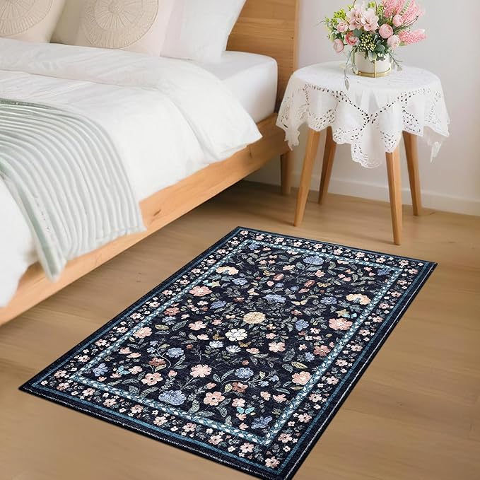 GarveeHome 2x3 Floral Rugs for Entryway, Non-Slip Soft Vintage Throw Door Mat, Low Pile Foldable Farmhouse Carpet, Non-Shedding Indoor Washable Small Rug for Bedroom, Dark Grey Blue