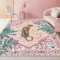 Pink Rug 4x6 Oriental Washable Non-Slip Tiger Rug Ultra Soft Vintage Print Tropical Carpet for Living Dining Playroom Nursery Camper