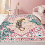 Pink Rug 4x6 Oriental Washable Non-Slip Tiger Rug Ultra Soft Vintage Print Tropical Carpet for Living Dining Playroom Nursery Camper