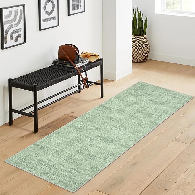 RUGSREAL 2x6 Runner Rug Washable Kitchen Runner Rug Modern Abstract Area Rug for Hallway Contemporary Solid Mat Non-Slip Foldable Aesthetic Accent Floor Carpet for Living Room Bedroom, Green
