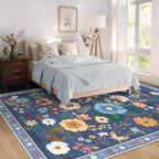 Floral 6x9 Area Rug Machine Washable Soft Print Boho Carpet Non Slip Doormat Low Pile Flower Area Rugs for Living Room Bedroom Nursery Kitchen Dining Room Indoor-Blue/Grey