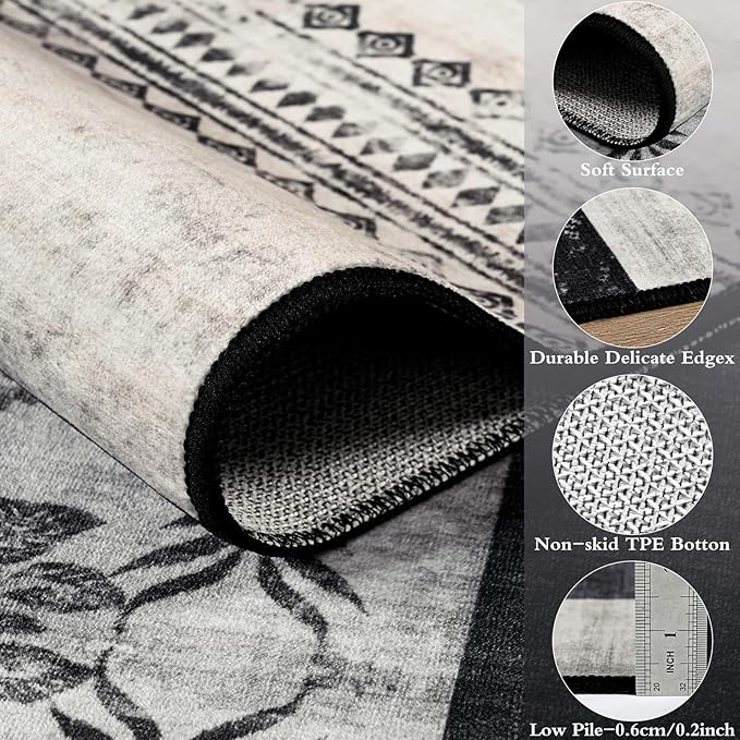 DweIke Washable Area Rugs for Living Room, 6x9 Large Bedroom Rugs, Geometric Non Slip Low Pile Indoor Throw Carpets for Bedroom Apartment Dining Room Home Office Hardwood Floor, Black and White