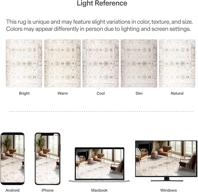 ReaLife Rugs Machine Washable Area Rug - Living Room Bedroom Bathroom Kitchen Entryway Office - Padded Low Pile Stain Resistant Premium - Boho Farmhouse Vintage - BEV - Beige 5' x 7'