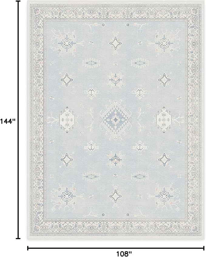 RUGGABLE Washable Vintage Area Rug – Verena Soft Blue 9x12, Stain-Resistant, Non-Slip – Large Machine Washable Rugs for Living Room, Bedroom, Hallway, Entryway & Office–with Standard Pad
