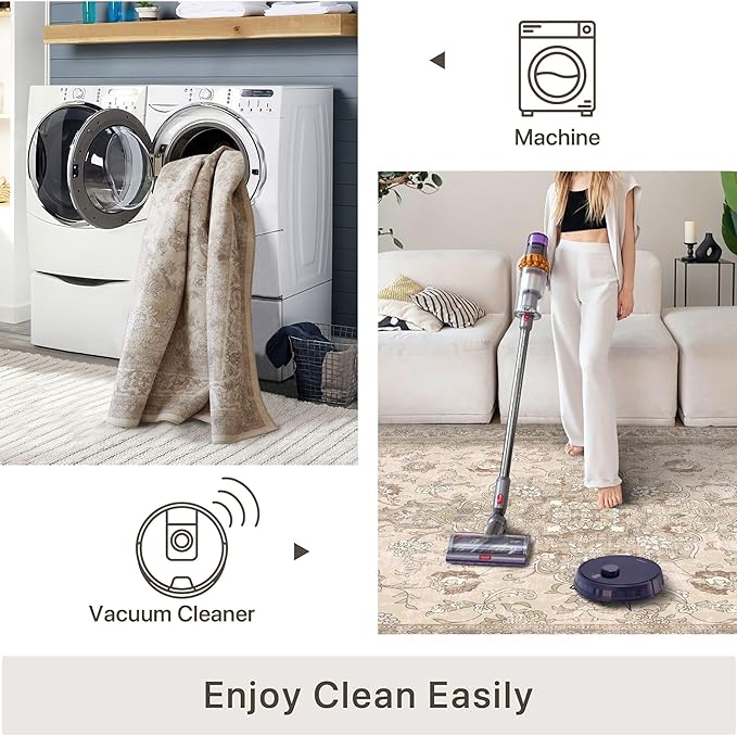vivorug Beige 9x12 Area Rugs for Living Room, Non Slip Machine Washable Vintage Rug, Ultra-Thin Lightweight Large Area Rug for Bedroom, Dining Room, Low Pile Rug
