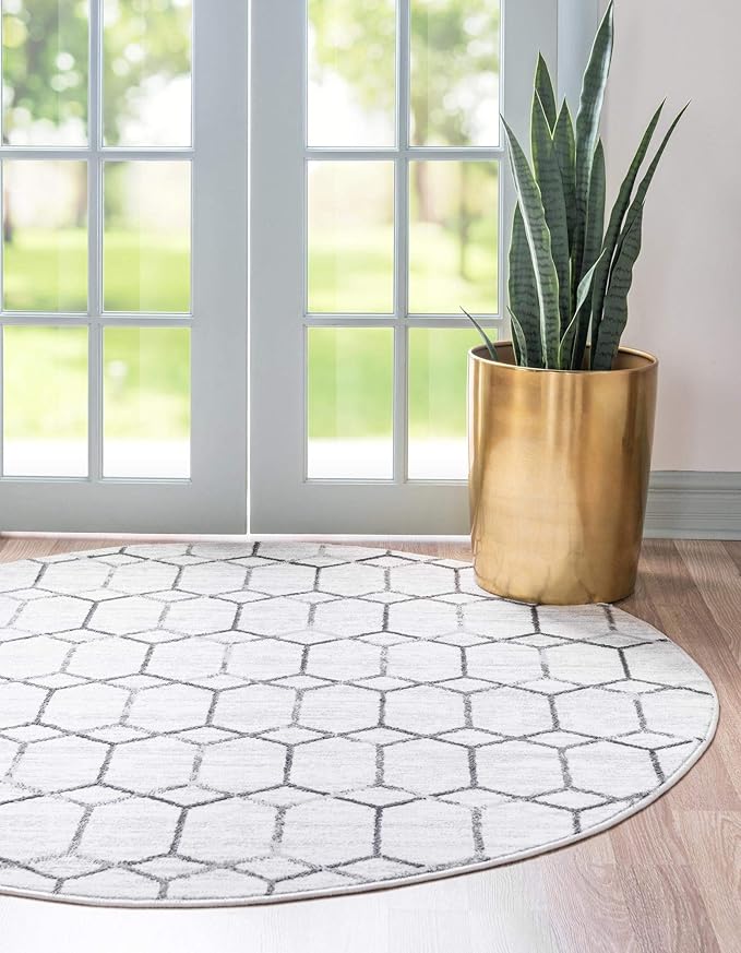 Rugs.com Lattice Trellis Collection Rug – 8 Ft Round White Low-Pile Rug Perfect for Kitchens, Dining Rooms