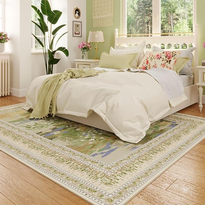 Rugcomf Area Rugs 8x10 Clearance Impressionist-Style Vintage Washable Area Rug Non Slip Low Pile Large Rug for Bedroom Farmhouse Dining Room Kids Playroom, Beige