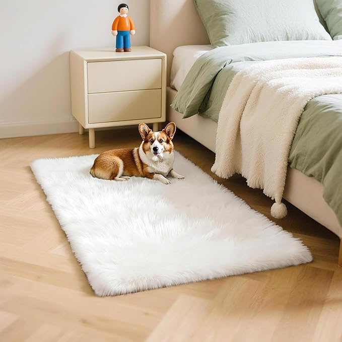 2x3 Solid Fluffy White Area Rug – Washable, Durable, Small Bedroom Rug, Non-Slip High Pile Shag Rugs for Living Room, Bedroom, Bedside, Dorms,Grils Rooms, Kids Room, Soft Indoor Floor Carpet