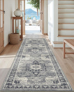DEXI Hallway Runner Rug 3x12, Distressed Non Slip Runners Carpet, Boho Vintage Soft Thin Indoor Rug, Stain Resistant Washable Entry Mat for Entryway Kitchen Laundry Room Living Room, Blue Grey