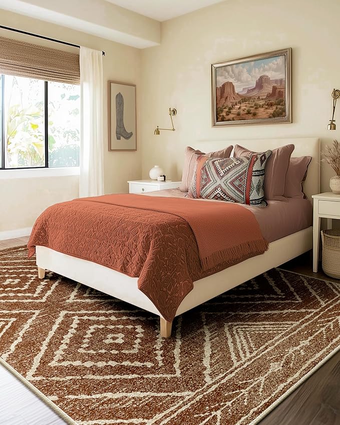 Area Rug 6x8 Rug Machine Washable Non-Slip Low Pile Print Pattern Western Rug for Living Room Bedroom Entryway Tribal Series-Yellowbrown/Cream