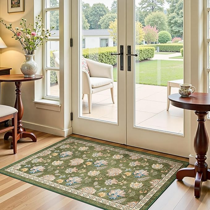 jinchan Elora 3x5 Floral Rug for Entryway Washable Kitchen Rug Vintage Romance Design Small Mat Non Slip Indoor Doormat Lightweight Low-Profile Throw Carpet for Entrance Bathroom Laundry Room, Green