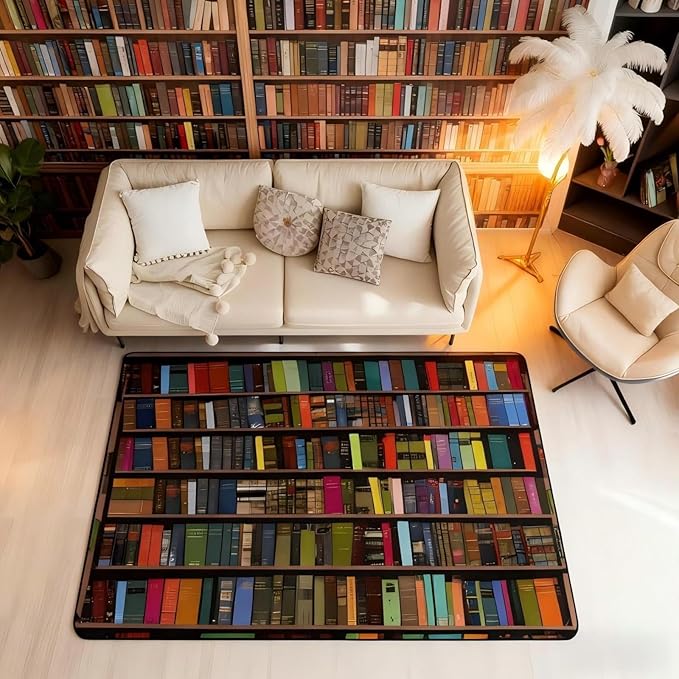 Books Area Rug 3x5 Rainbow Bookshelf Rugs for Living Room | Watercolor Book Shelf Washable Rug, Bookcase Bookrack Carpet Indoor Floor Mat