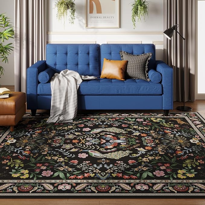 Rugcomf 9x12 Area Rugs for Living Room Washable Rug Floral Non-Slip Large Rug for Living Room, Bedroom, Farmhouse, Dining Room, Kids Playroom (Vibrant Black)
