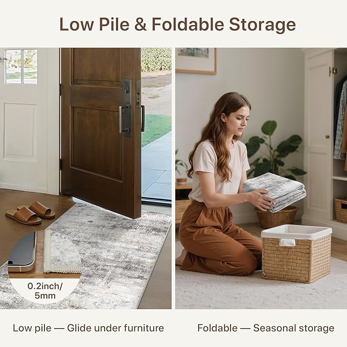 5x7 Area Rugs Washable Grey Rug for Living Room Bedroom, Modern Abstract Large Rug Non Slip, Water Repellent Low Pile Soft Carpet for Dining Room, Home Office, Grey Beige