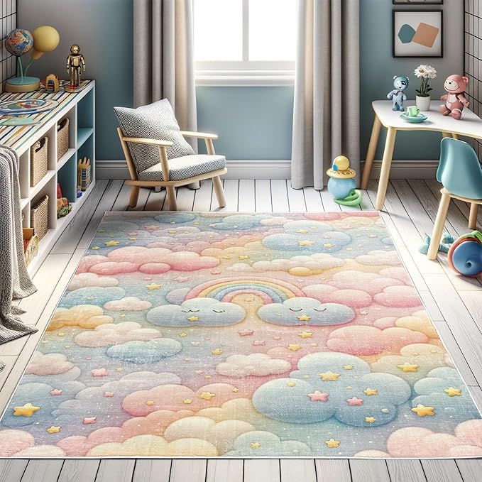 Ambesonne Cartoon Sky Decorative Rug, Dreamy Colors Celestial Atmosphere with Starry Kawaii Clouds Rainbow, Quality Carpet for Bedroom Dorm and Living Room, 4' X 5' 5", Blush Mustard Blue