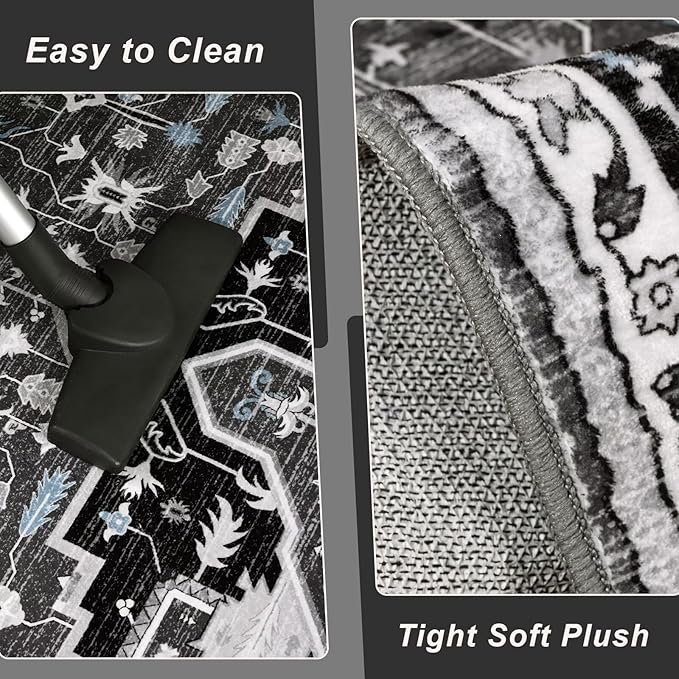 5x7 Black Grey Area Rug for Living Room, Machine Washable Rugs with Non-Slip Backing for Bedroom, Vintage Medallion Carpet Dining Room Office Kids Room Decor