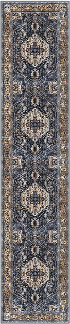 KOZYFLY Runners for Hallways 3x12 Ft Extra Long Washable Kitchen Thin Runner Boho Runner Rug for Entryway Indoor Printed Faux Wool Stair Runner Floor Carpet for Stair Kitchen Hall, Gold/Navy