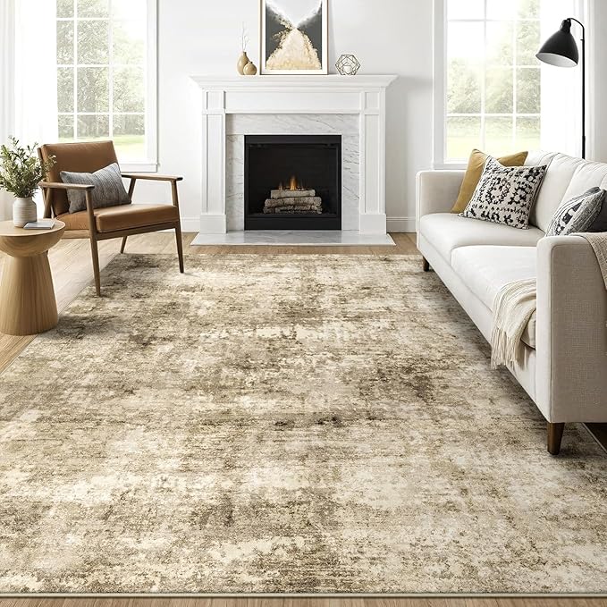 8x10 Machine Washable Area Rug for Living Room, Brown Modern Vintage Abstract Rug Large Non-Slip Low Pile Soft Faux Wool Carpet, Kids and Pets Friendly for Bedroom Dining Room Farmhouse Home Decor Rug