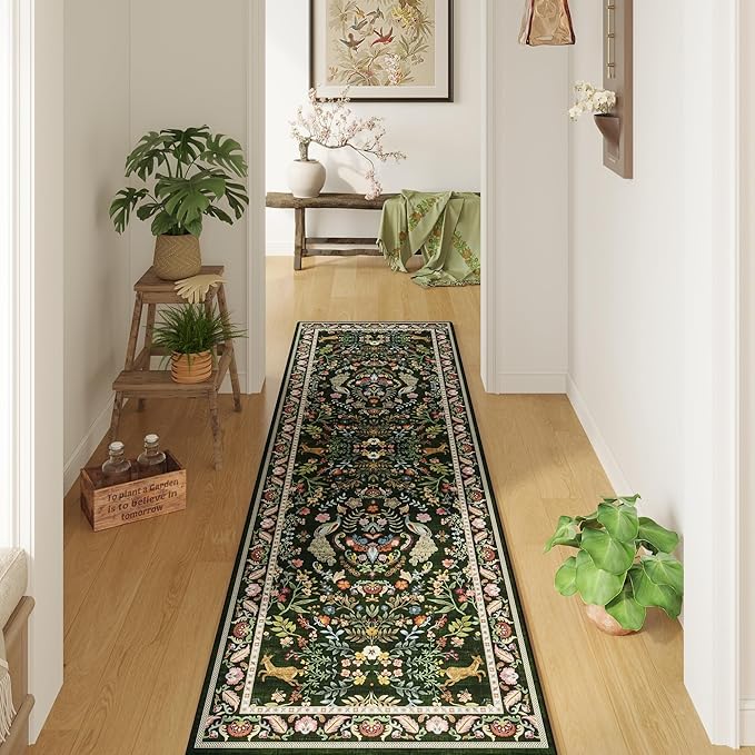 Runner Rug Washable Kitchen 2'x10' Rug Floral Non-Slip for Entryway Indoor Soft Carpet Runner for Hallways, Kitchen, Laundry, Bedroom, Bathroom (Emerald Green)