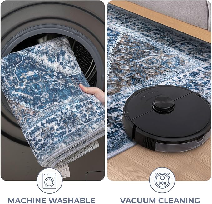 KOZYFLY Round Rug 6 Ft Rugs for Entryway Washable Circle Rug Non Slip Round Living Room Rugs Printed Faux Wool Vintage Round Dining Room Floor Carpet for Living Room, Entryway, Bedroom, Blue