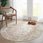 jinchan Kelda Round Rug 4ft Washable Area Rug Indoor Vintage Floor Cover Distressed Circle Mat 4' Round Lightweight Non Slip Low Pile Thin Carpet for Entryway Kitchen Living Room Bedroom Brick Red
