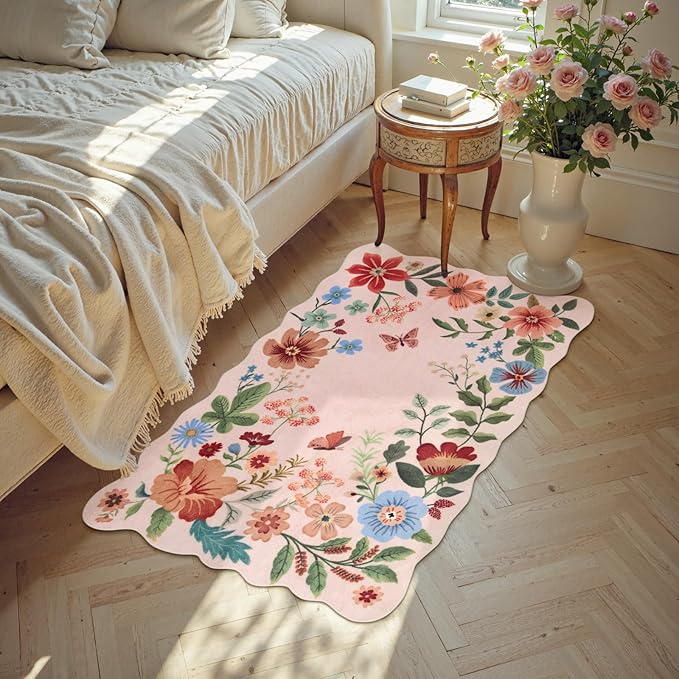 Lahome Floral Pink Rugs for Entryway, 2X3 Washable Kitchen Rug Non Slip, Ultra-Thin Indoor Door Mat Stain Resistant Boho Small Carpet for Bathroom Bedroom(2x3ft,Light Pink)