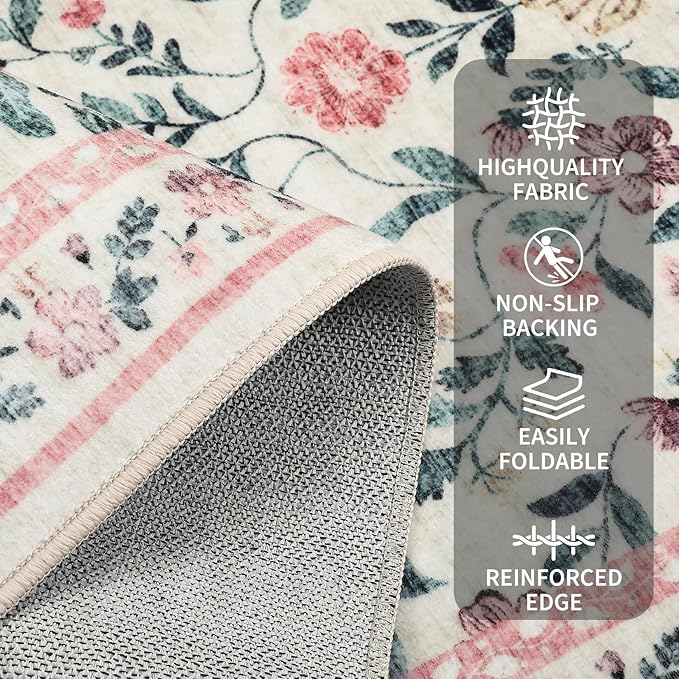 GarveeHome Washable Runner Rug 2 x 6 Non-Slip Non-Shedding Soft Vintage Bedside Rug, Low Pile Farmhouse Floral Carpet, Indoor Foldable Printed Entryway Rug for Hallway Kitchen, Pink
