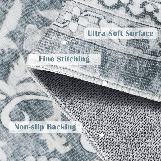 jinchan Hallway Runner Rug 3x7 - Machine Washable Grey Vintage Floral Distressed Design Soft Non-Slip Low-Pile Ultra-Thin Runner Rug for Kitchen Laundry Room Bedroom Farmhouse (3‘x8', Grey)