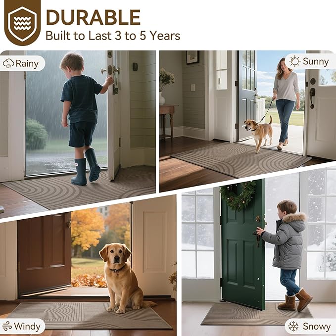 Front Door Mat 17''x30'', Absorbent Muddy Dirt Resist Washable Non Slip Low-Profile Indoor Doormat, Easy Clean Welcome Entryway Door Mats, Brown