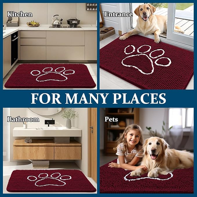 OLANLY Dog Door Mat for Muddy Paws 48x30, Paw Print Design, Absorbs Moisture and Dirt, Absorbent Non-Slip Washable Doormat, Quick Dry Chenille Mud Mat for Dogs, Entry Indoor Entryway Carpet, Burgundy