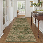 HUGEAR 3x8 Runner Rug Hallway Machine Washable Retro Green Vintage Floral Low Pile Carpet Distressed Long Throw Rug Bedroom Office Bathroom Kitchen Laundry Non Slip Soft Lightweight