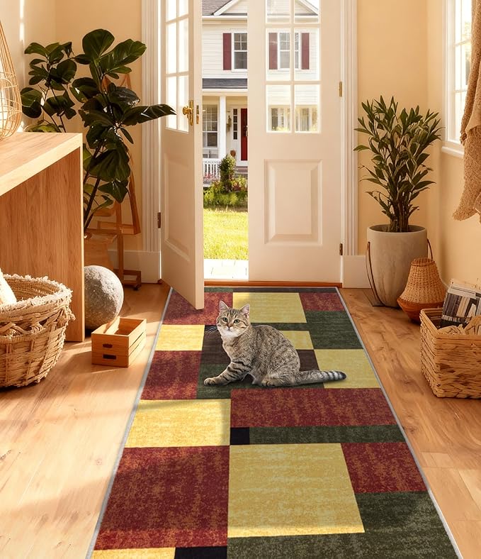 YIHOUSE Red and Green Runner Rug 2x6 for Hallway, Burgundy Farmhouse Vintage Rugs Washable,Burnt Orange Area Rug Non Slip,Geometric Boho Area Rug for Kitchen