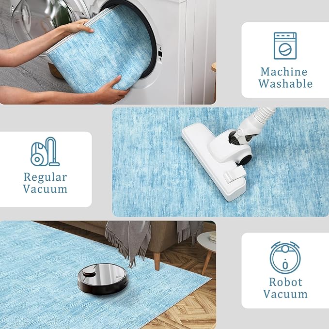 RUGSREAL Modern Runner Rug 2.5x8 Stain Resistant Washable Kitchen Runner Carpet with Rubber Backing Low Pile Contemporary Solid Color Entryway Mat Ultra Soft Rug for Living Room Bedroom, Blue