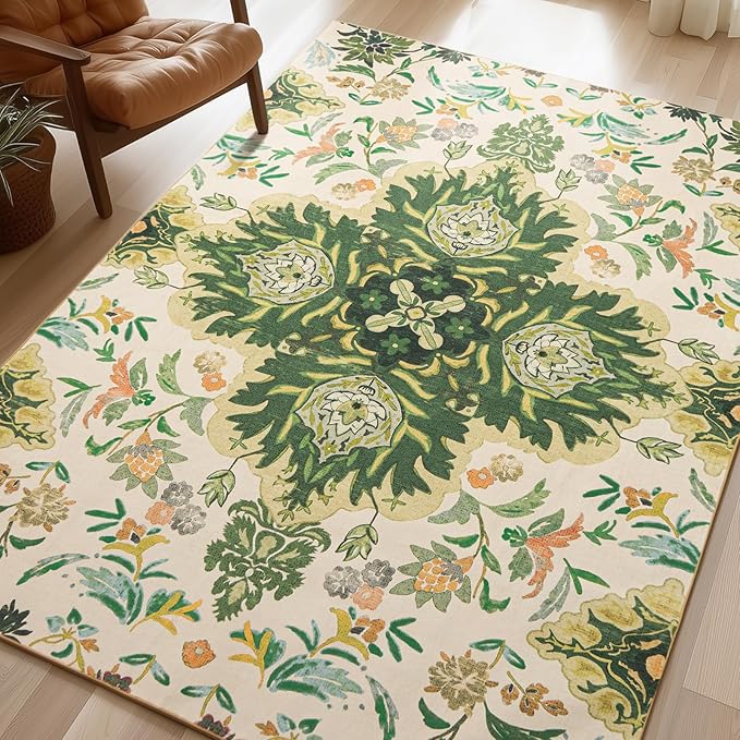 Phantoscope Washable Area Rug 5'x7' Non-Slip, Vintage Boho Rugs for Living Room, Bedroom, Dining Room, Neutral Green Floral Medallion Pattern, Low-Pile Foldable Floor Carpet, Forest Green/Cream