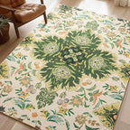 Phantoscope Washable Area Rug 4'x6' Non-Slip, Vintage Boho Rugs for Living Room, Bedroom, Dining Room, Neutral Green Floral Medallion Pattern, Low-Pile Foldable Floor Carpet, Forest Green/Cream