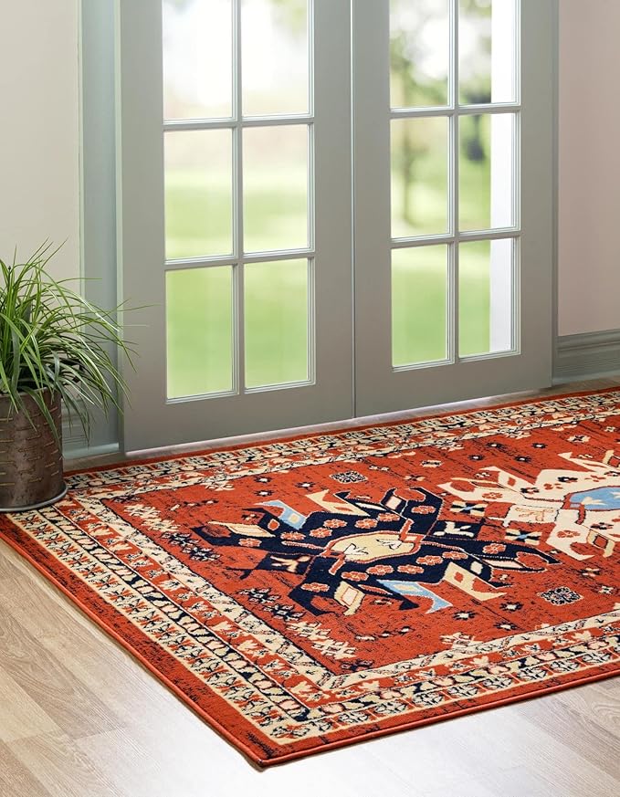 Unique Loom Taftan Collection Border Geometric Tribal Inspired Design Area Rug (7' 0 x 10' 0 Rectangular, Terracotta/ Ivory)