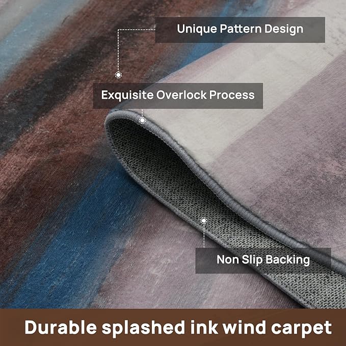 Abstract 8x10 Area Rug, Modern Stripe Rugs for Living Room, Washable Soft Large Non-Slip Floor Carpet for Dining Room Office Bedroom Farmhouse Decor - Blue/Brown/Multi