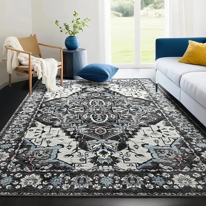 Area Rugs 6x9 for Living Room, Bedroom, Washable Vintage Rugs -Low Pile Distressed Rugs for Kitchen, Dining Room, Water Repellent & Non Shedding, Black and Blue