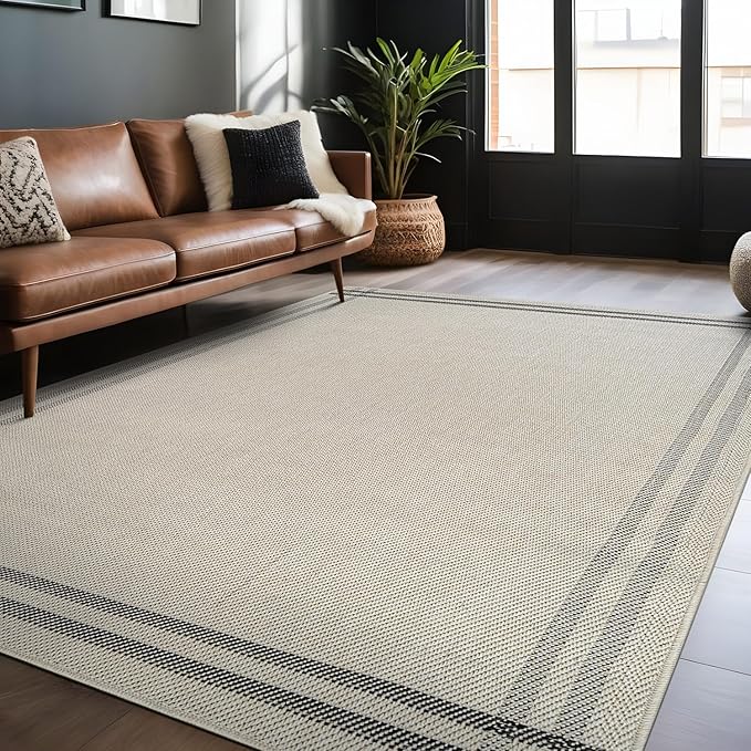 Easy Jute Rugs 6x9 Bordered Bone Color Living Room Indoor Outdoor Area Rug for Patio and Kitchen Rug High Traffic Washable Easy to Clean Solid Boho Woven Design Outside Carpet (6 x 9)