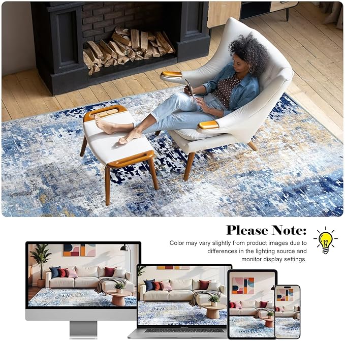 Washable Abstract Rug, 6x9 Modern Area Rugs with Non-Slip Rubber Backed for Living Room, Thin but Soft Contemporary Carpet Kitchen Bedroom Dining Room Decor, Midnight Blue