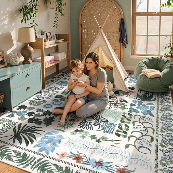 Floral Boho Washable Area Rug for Bedroom, Large Botanical Living Room Rugs 8x10, Non Slip Soft Indoor Throw Carpet for Home Office Nursery Dining Room Playroom (Beige,8 x 10)