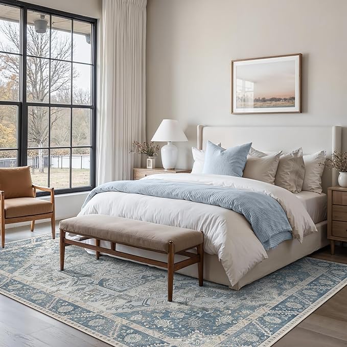 8x10 Area Rug Machine Washable Boho Rug for Living Room,Ultra-Thin Low Pile Carpet,Lightweight Indoor Printed Rug,Non Slip Floral Area Rug for Bedroom, Dining Room, Home Office,Light Blue
