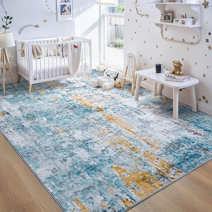Ompaa Living Room Rug 6x9 Blue Area Rug Machine Washable Boho Rug Non Slip Abstract Vintage Indoor Large Rugs for Bedroom, Classroom, College Dorm, Farmhouse, Dining Room, Kids Playroom