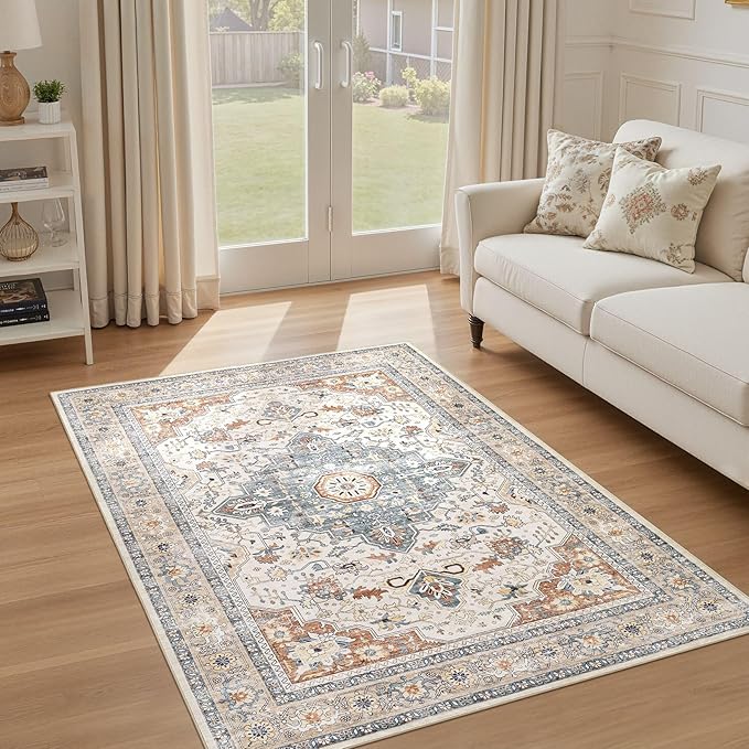 4x6 Area Rugs Washable Rug: Boho Large Neutral Vintage Soft Rug Stain Resistant Distressed Farmhouse Non-Slip Indoor Floor Carpet for Bedroom Entryway Nursery Kids Office Dining Room- Beige Blue